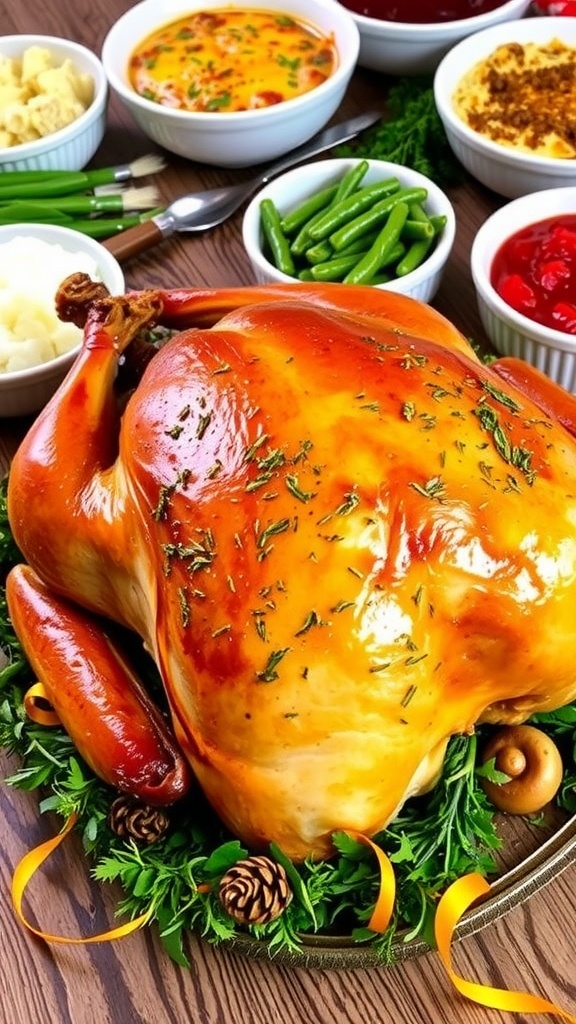 A golden-brown garlic and herb butter turkey on a platter, with festive side dishes in the background.